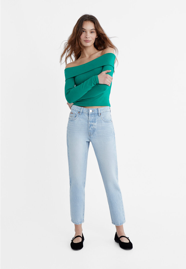 

Stradivarius 1460 Jeansy mom fit Denimowy średni Dark Blue 44