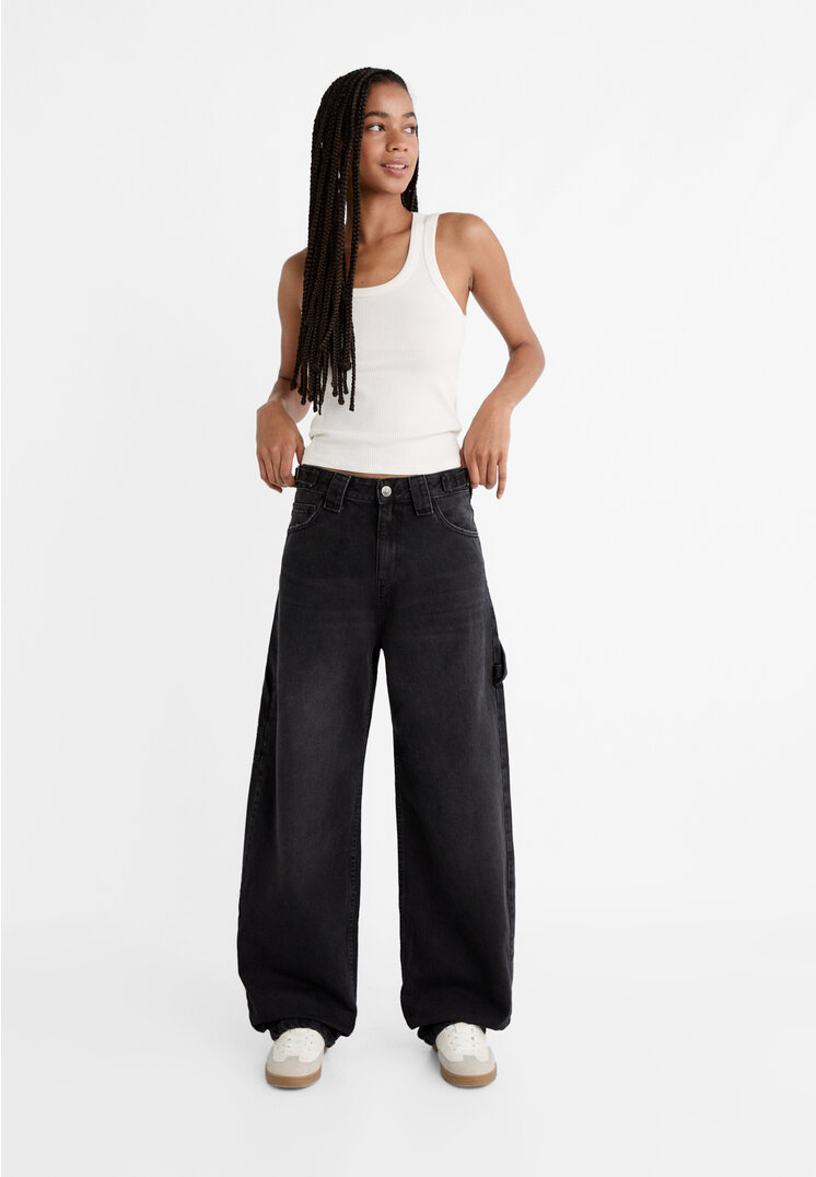 

Stradivarius Jeansy baggy balloon fit z regulowaną talią Czarny denim 42