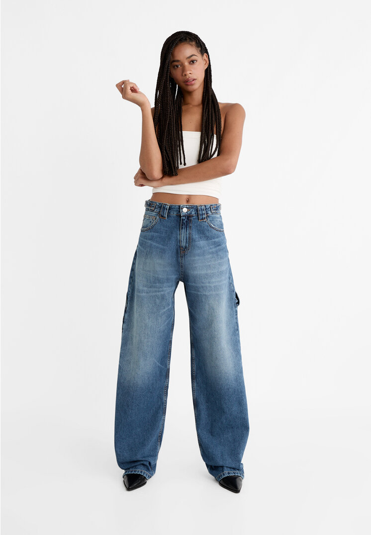 

Stradivarius Jeansy baggy balloon fit z regulowaną talią Niebieski denim 40