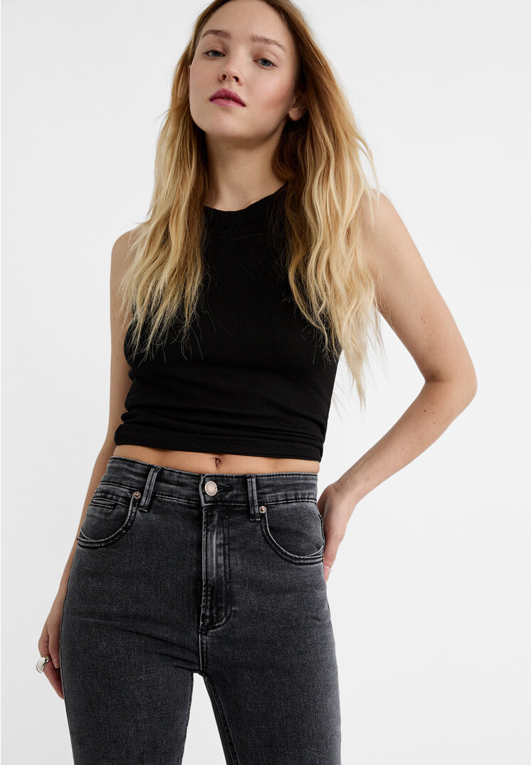 Stradivarius D78 cropped flared jeans  Black denim washed 14