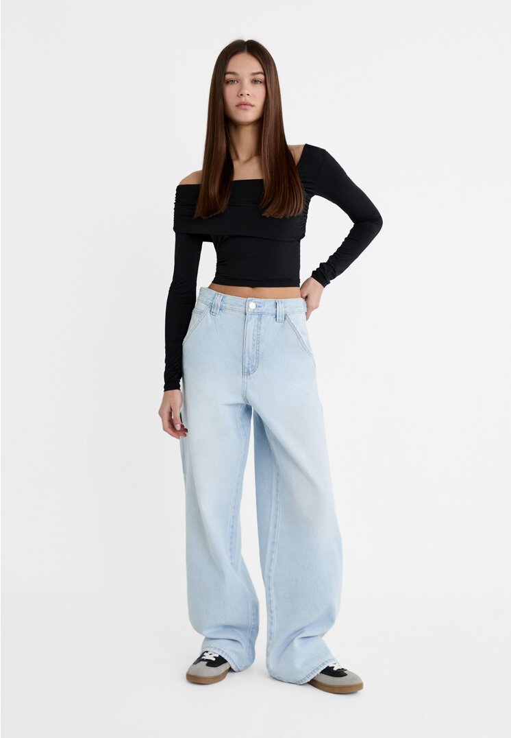 

Stradivarius Regulowane proste jeansy carpenter Niebieski denim 40
