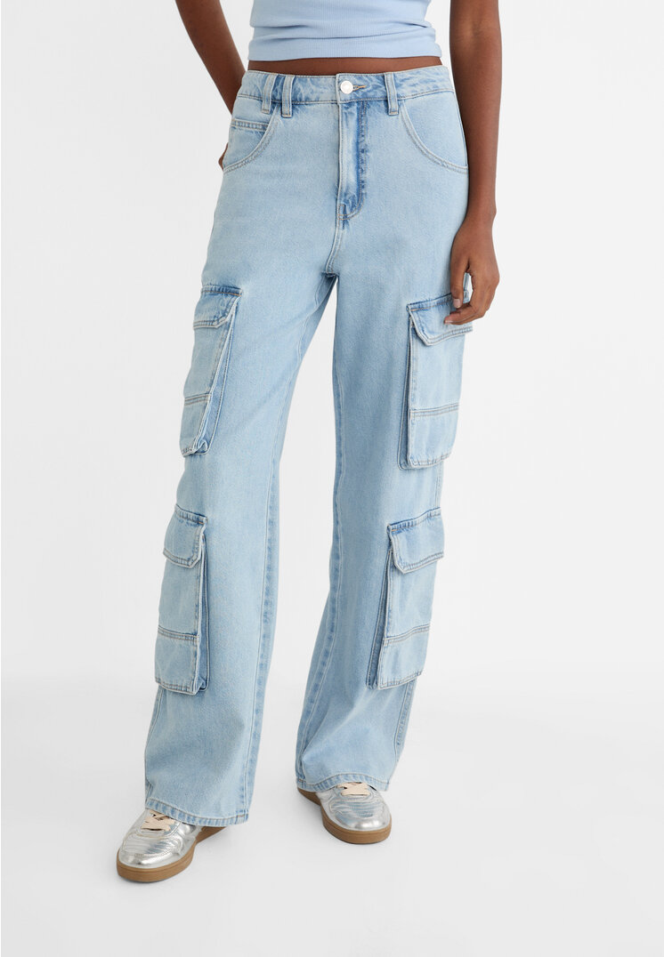 Stradivarius Multi-pocket cargo jeans  Blue denim 8
