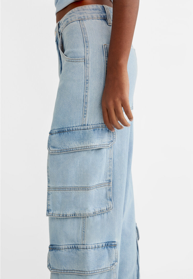 Stradivarius Multi-pocket cargo jeans  Blue denim 8