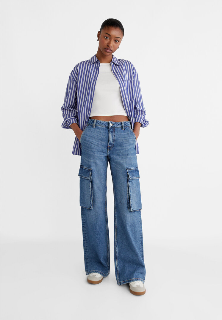Stradivarius denim cargo pants blue