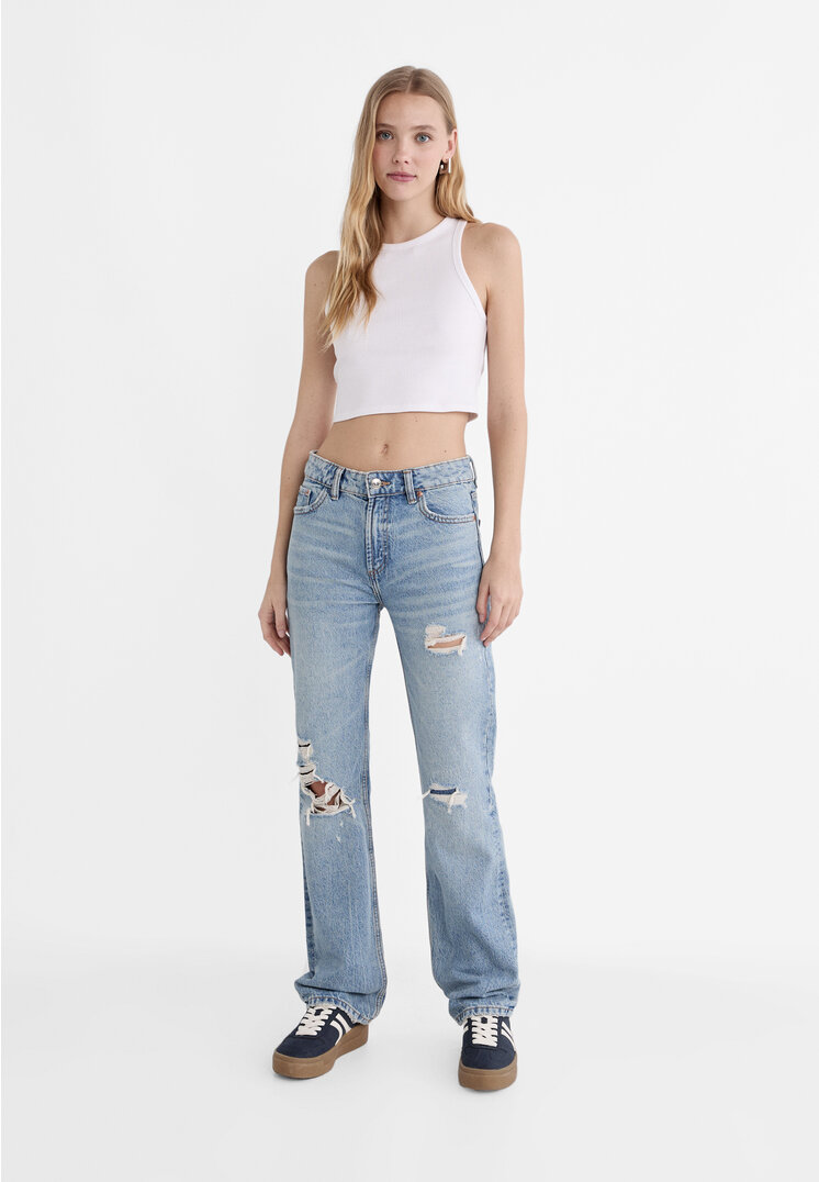 Stradivarius Ripped straight-leg jeans  Blue denim 12