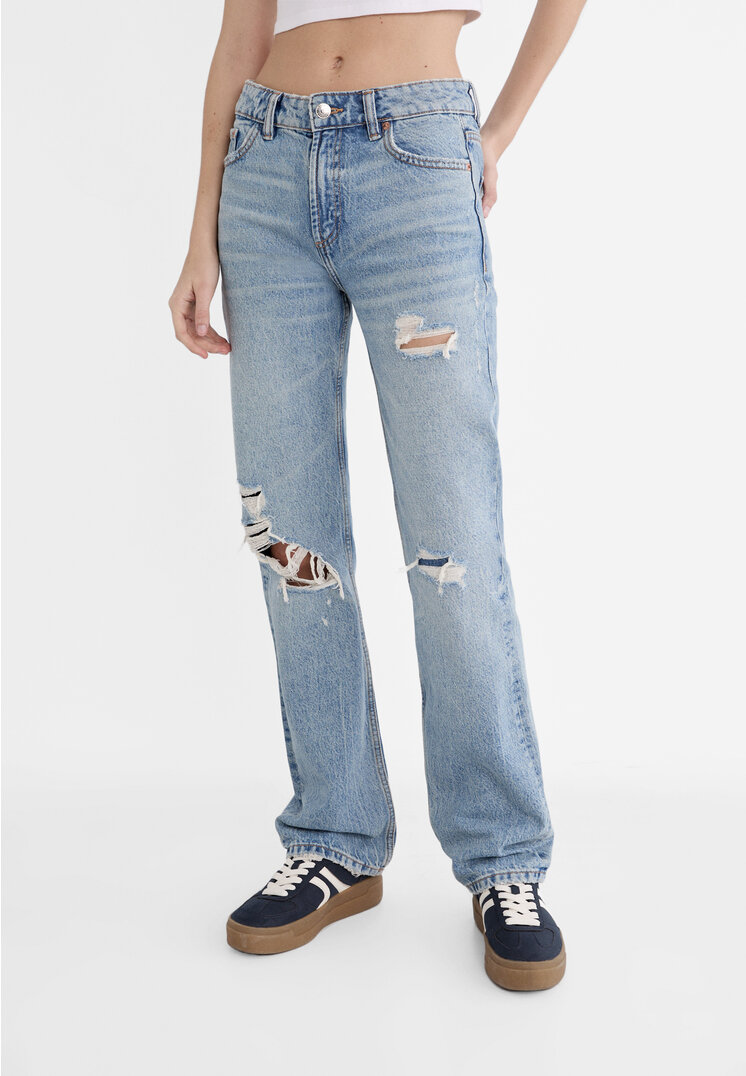Stradivarius Ripped straight-leg jeans  Blue denim 12