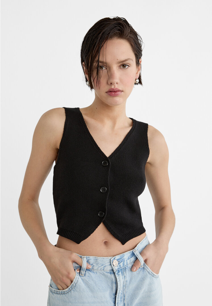 

Stradivarius Strickweste mit Knöpfen Schwarz M