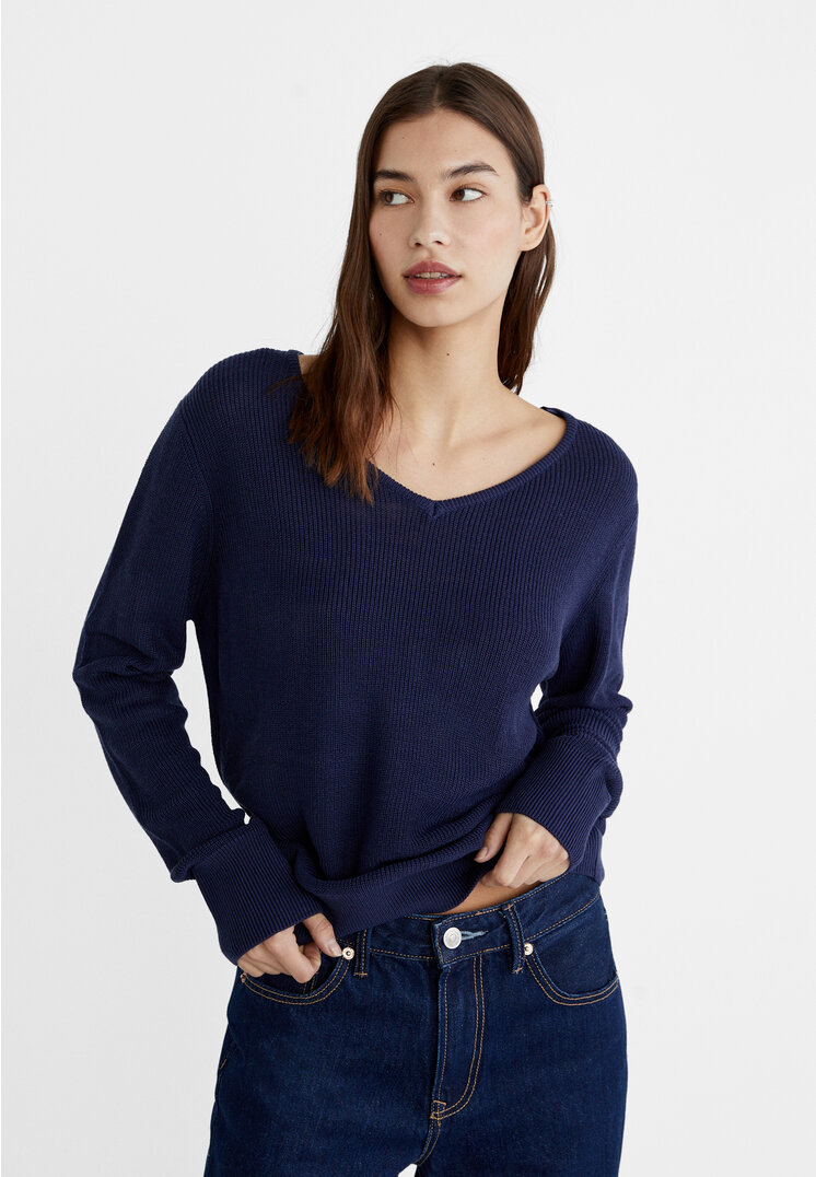 Stradivarius Dzianinowy sweter z dekoltem w serek Morski XS