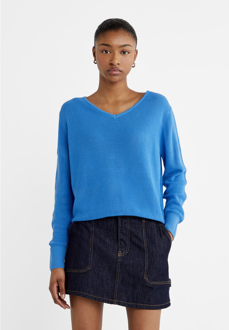 Stradivarius Strickpullover mit V-Ausschnitt Blau S
