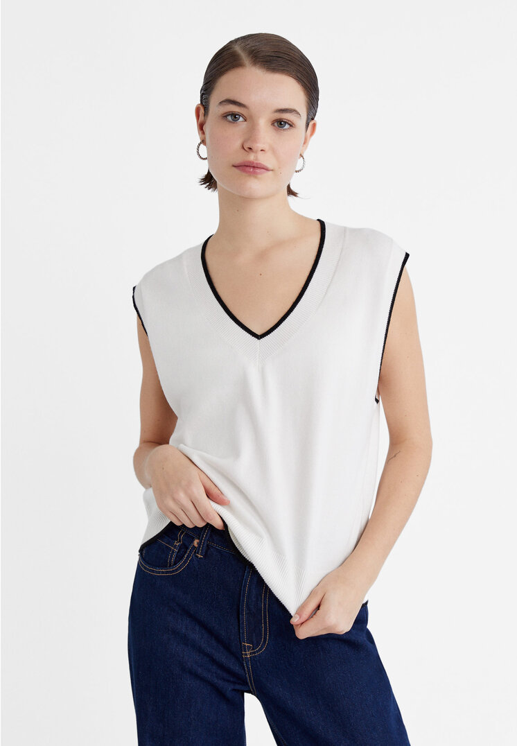 Stradivarius Kamizelka z dzianiny Ecru XL