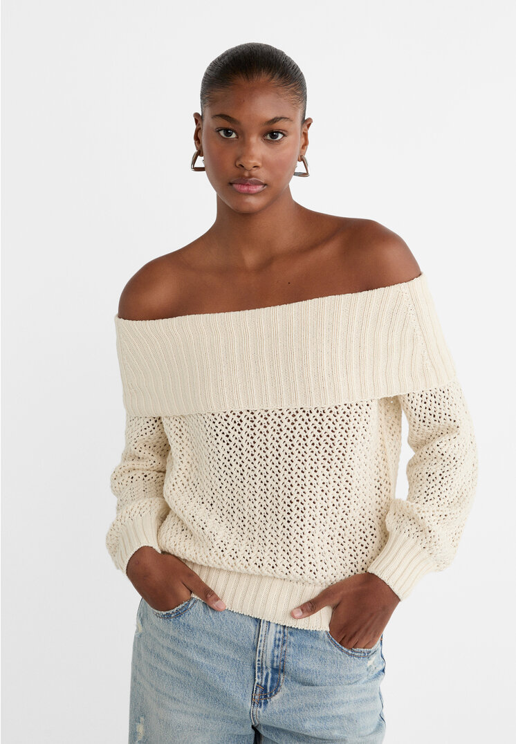 

Stradivarius Schulterfreier Strickpullover Vanille L