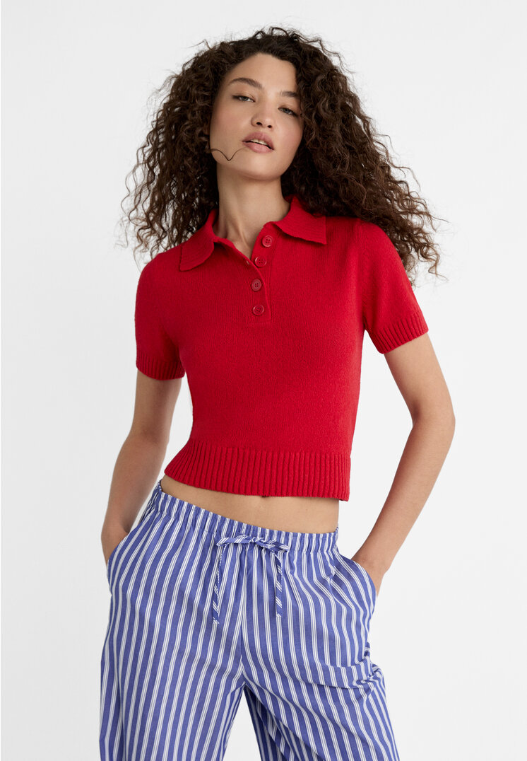 

Stradivarius Dzianinowa koszulka polo z guzikami Czerwony S