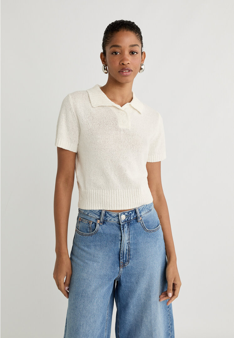 Stradivarius Dzianinowa koszulka polo z guzikami Ecru S