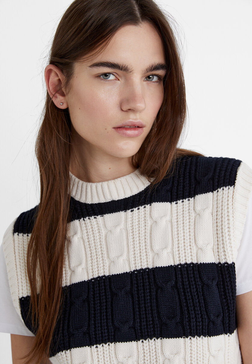 Striped cable-knit vest - Women's fashion | Stradivarius United States