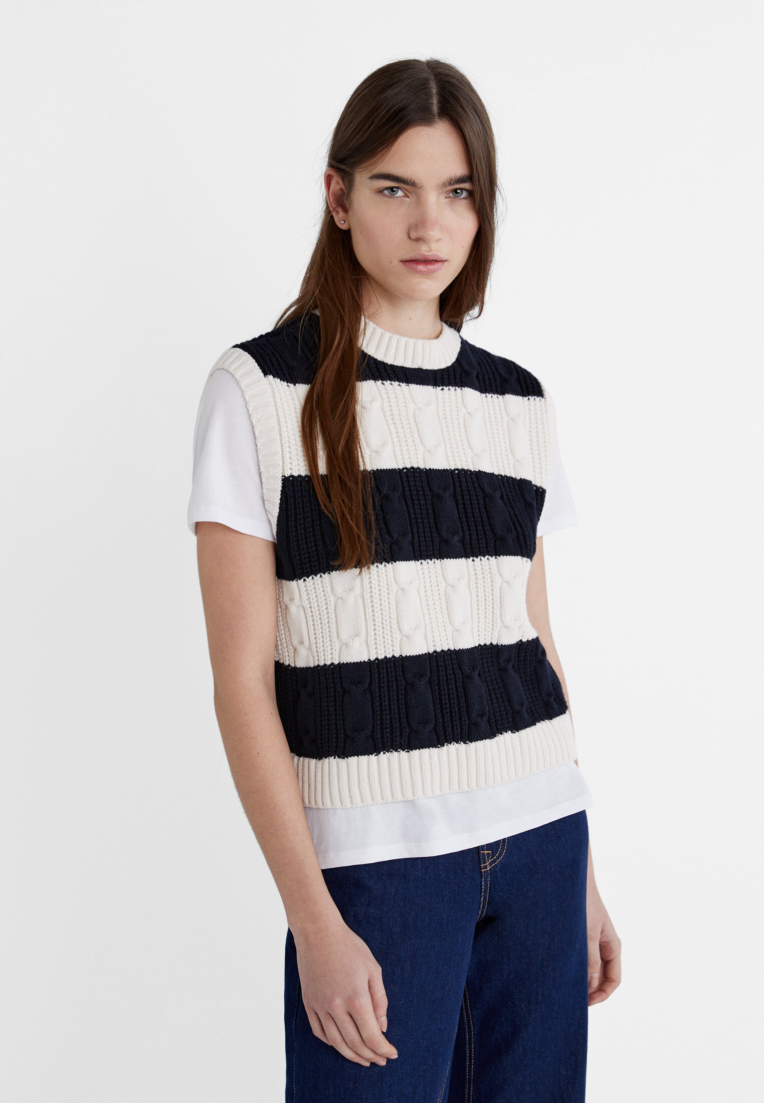 Striped cable-knit vest - Women's fashion | Stradivarius United States