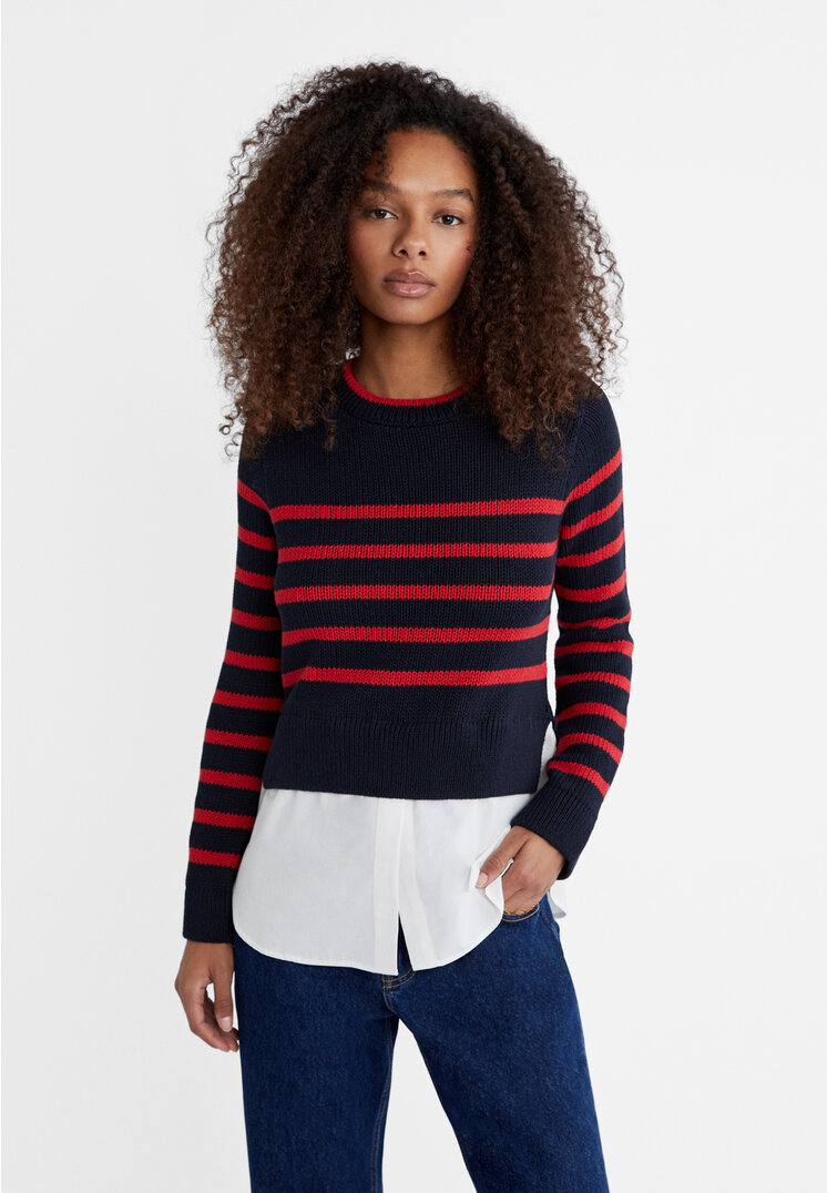 

Stradivarius Dzianinowy sweter w paski z dołem w stylu koszuli Morski M