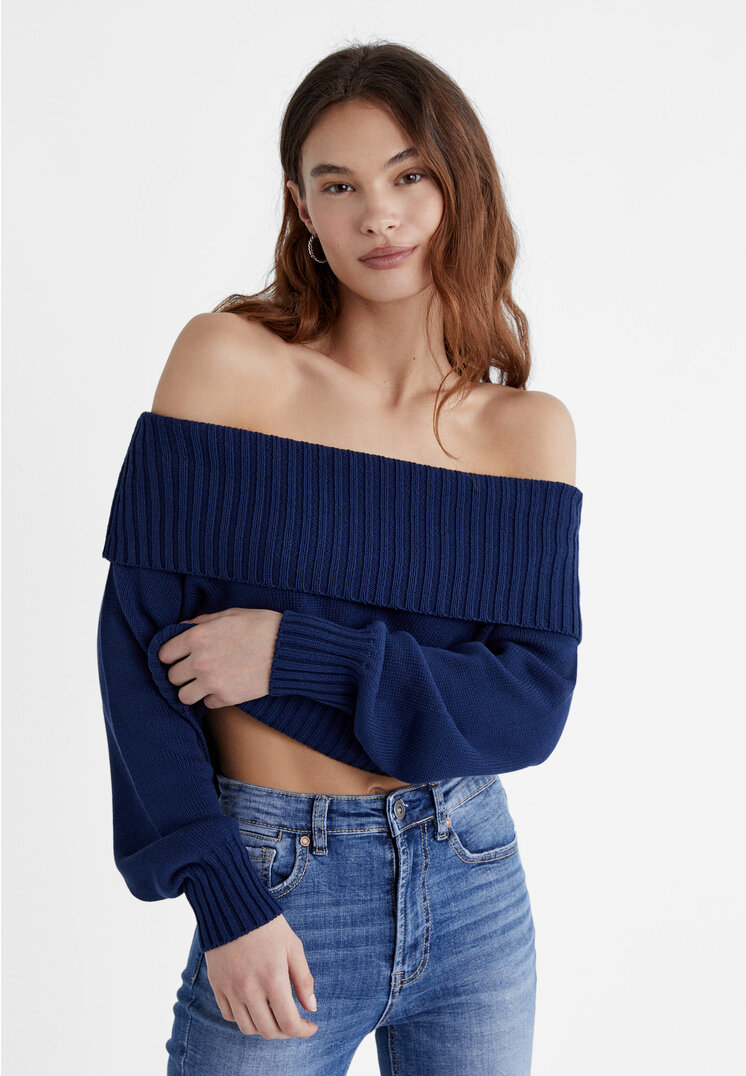 

Stradivarius Dzianinowy sweter z odkrytymi ramionami Morski XS