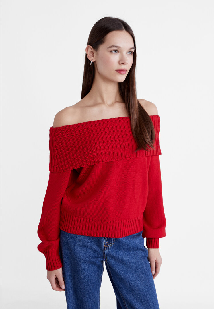 

Stradivarius Schulterfreier Strickpullover Rot L