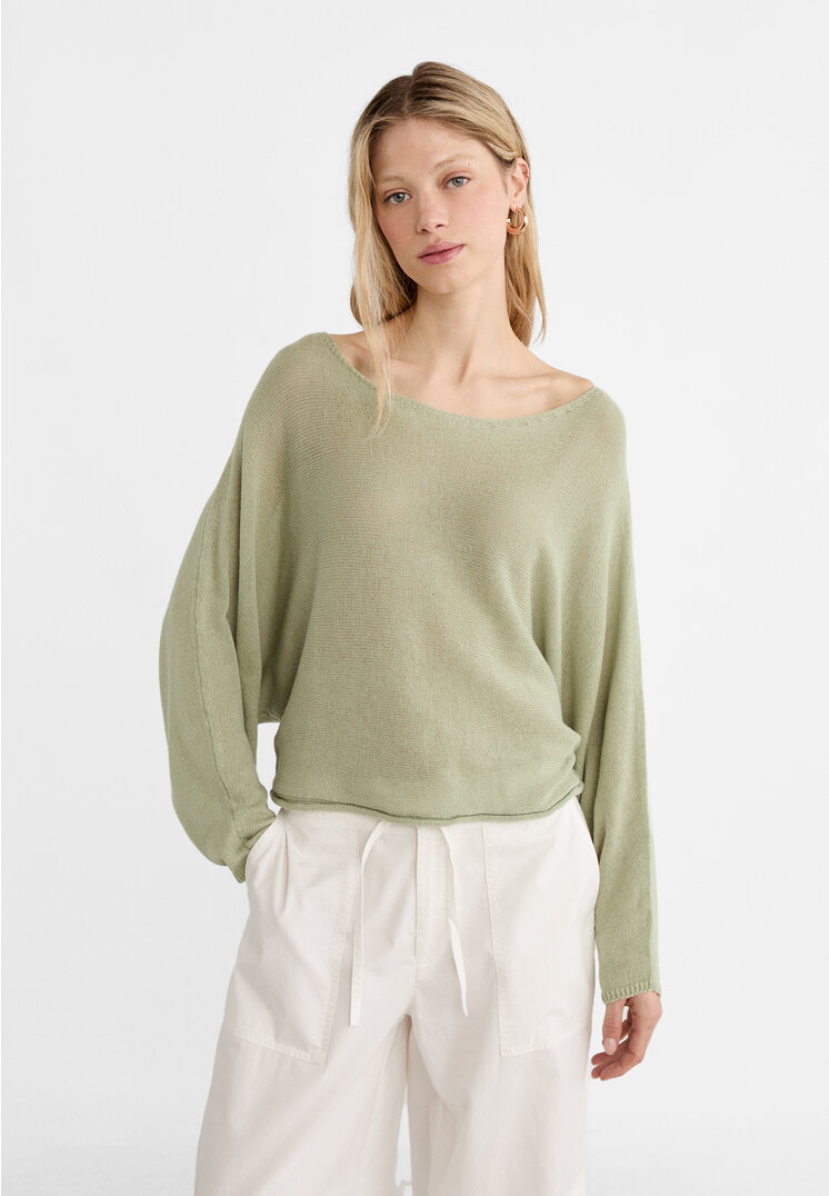 

Stradivarius Dzianinowy sweter z nietoperzowymi rękawami Zielony XL