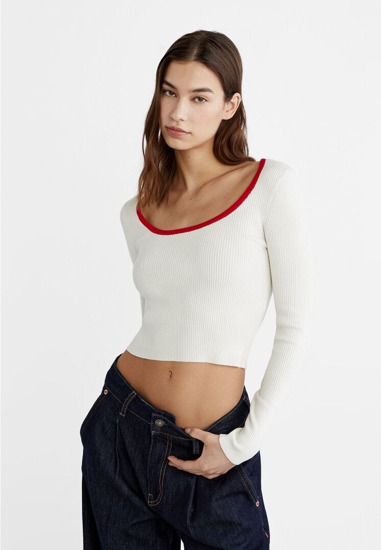 

Stradivarius Strickpullover mit Kontrastdetail Ecru L