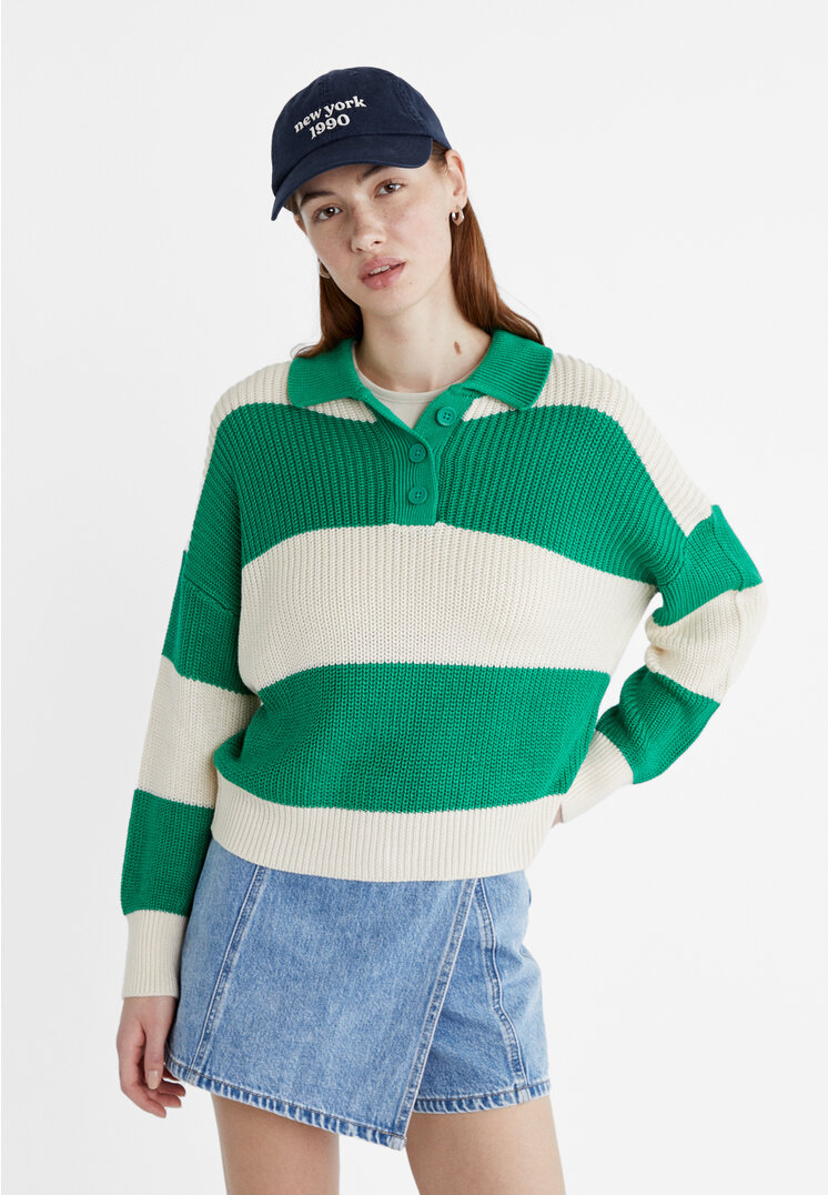 

Stradivarius Strickpullover im Polo-Stil Grün XL