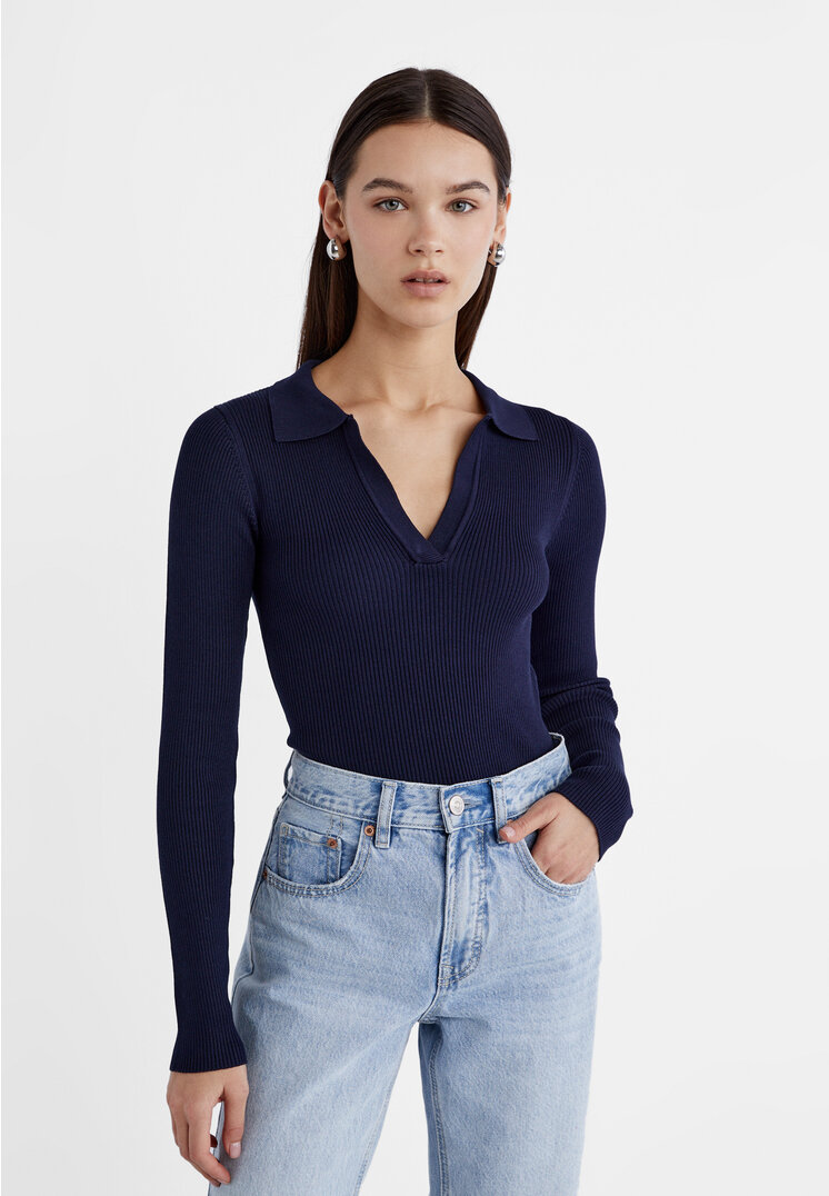 

Stradivarius Dzianinowy sweter polo Morski XS