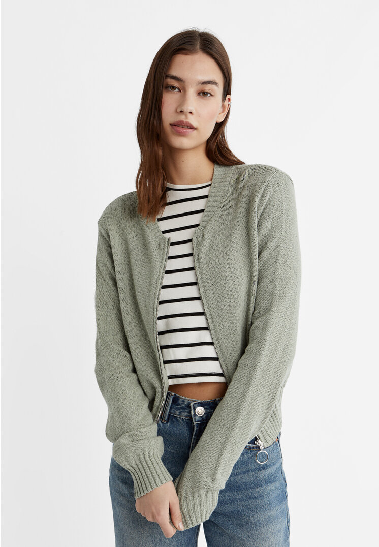 

Stradivarius Kardigan z dzianiny z suwakiem Khaki S