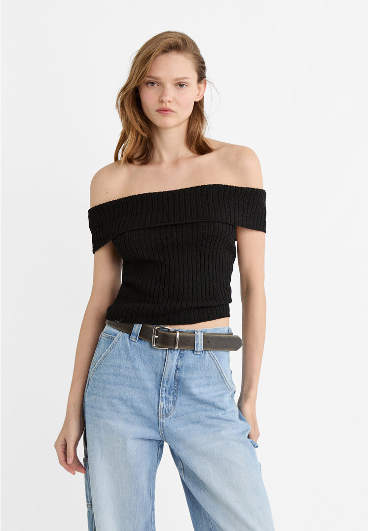 

Stradivarius Gepunktetes schulterfreies Top Schwarz L