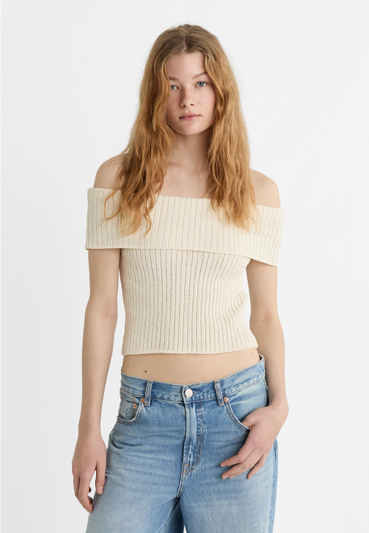 

Stradivarius Dzianinowy top z odkrytymi ramionami Waniliowy XS
