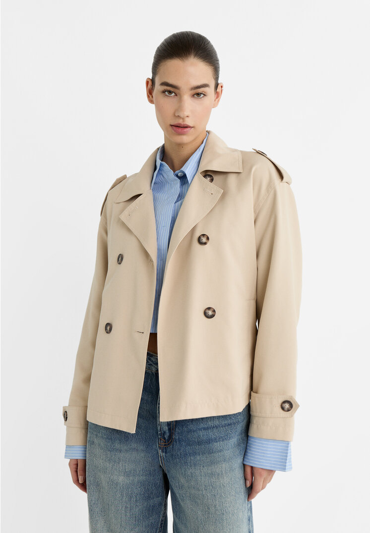 

Stradivarius Kurzer Trenchcoat mit Gürtel Steingrau XS