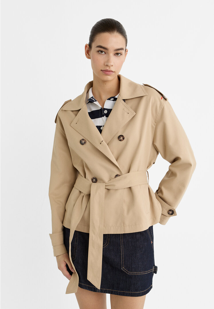 

Stradivarius Kurzer Trenchcoat mit Gürtel Steingrau S