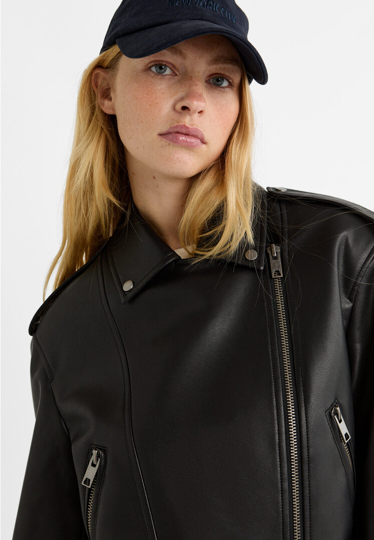 Stradivarius Giacca biker in similpelle  Nero L