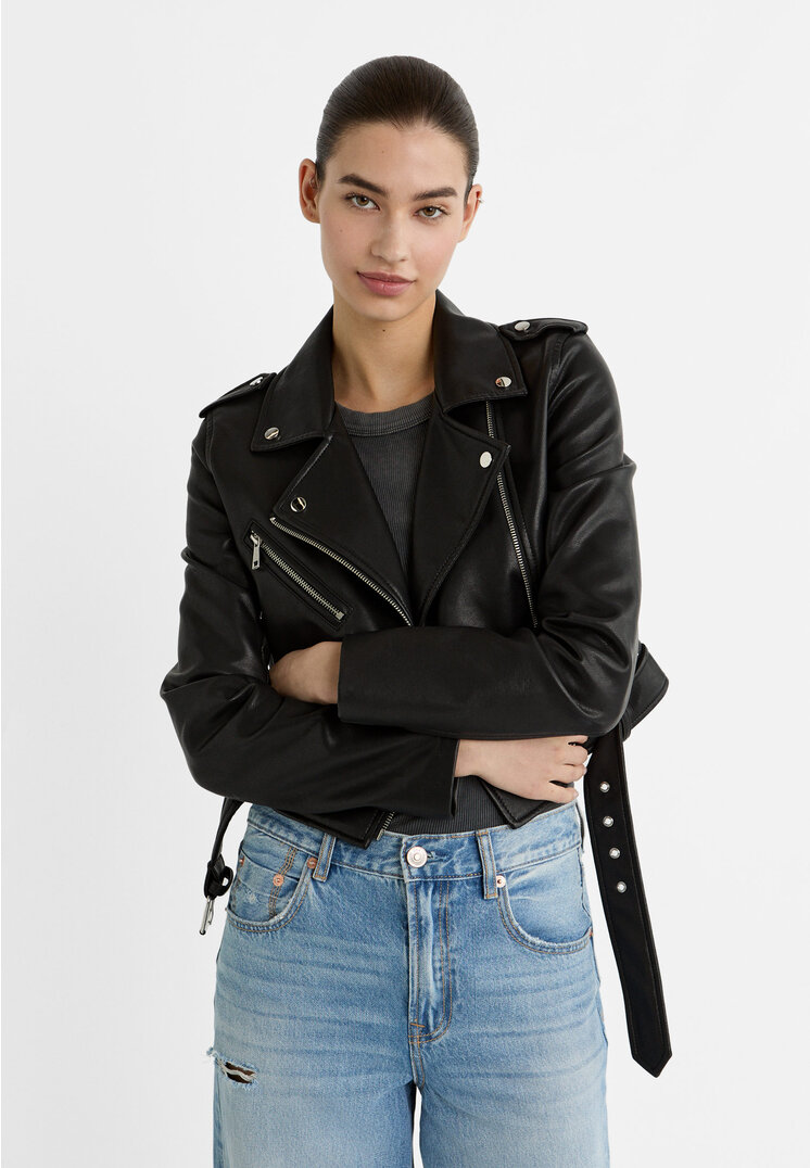 

Stradivarius Kurtka biker ze sztucznej skóry z paskiem Czarny L