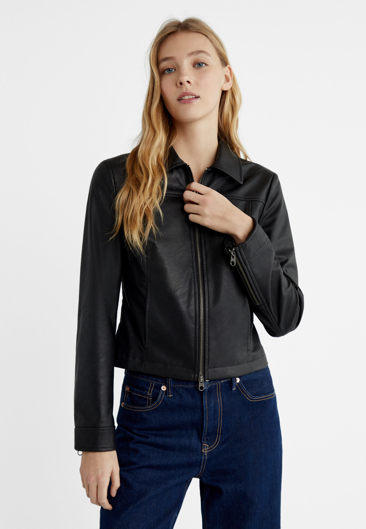 Denim leather cheap jacket womens