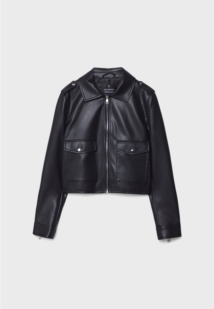 Cropped faux leather biker jacket - Women's fashion | Stradivarius 