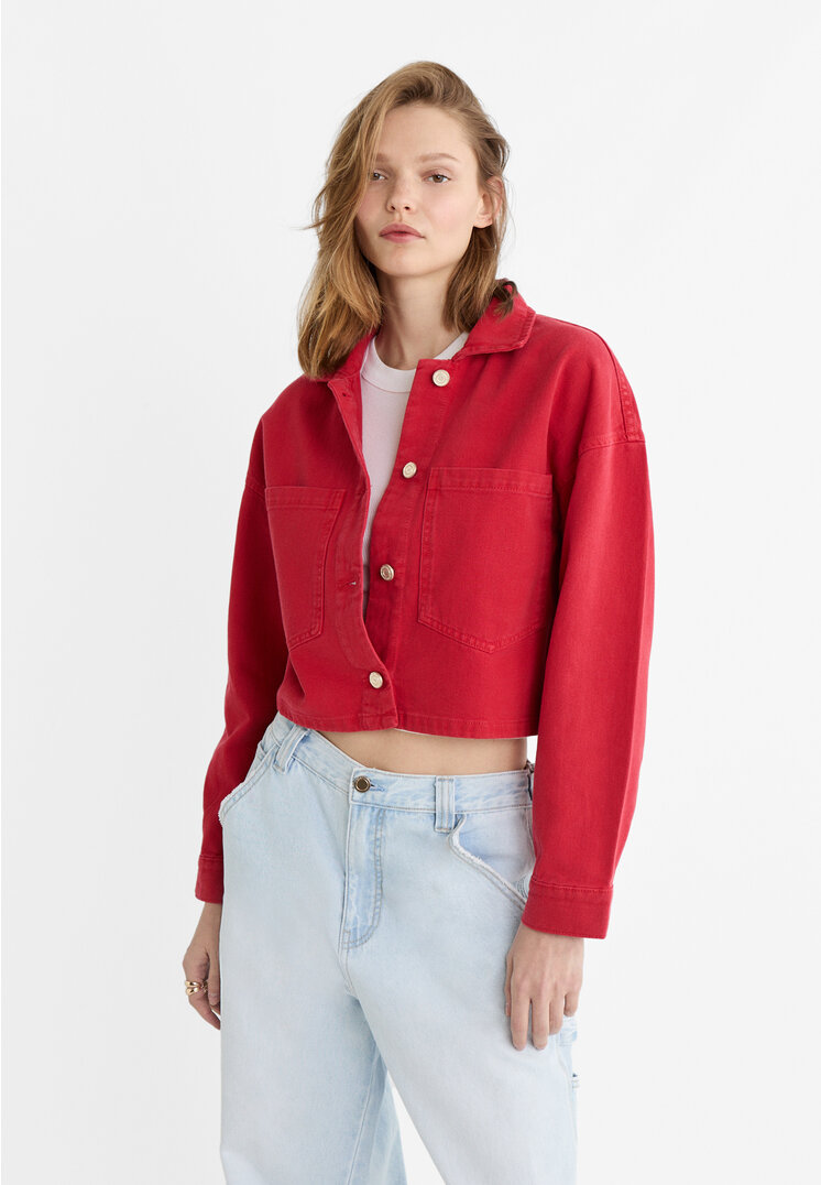

Stradivarius Cropped-Hemdjacke aus Twill Rot M