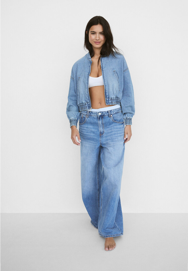 

Stradivarius Jeansowa kurtka bomber Niebieski denim S