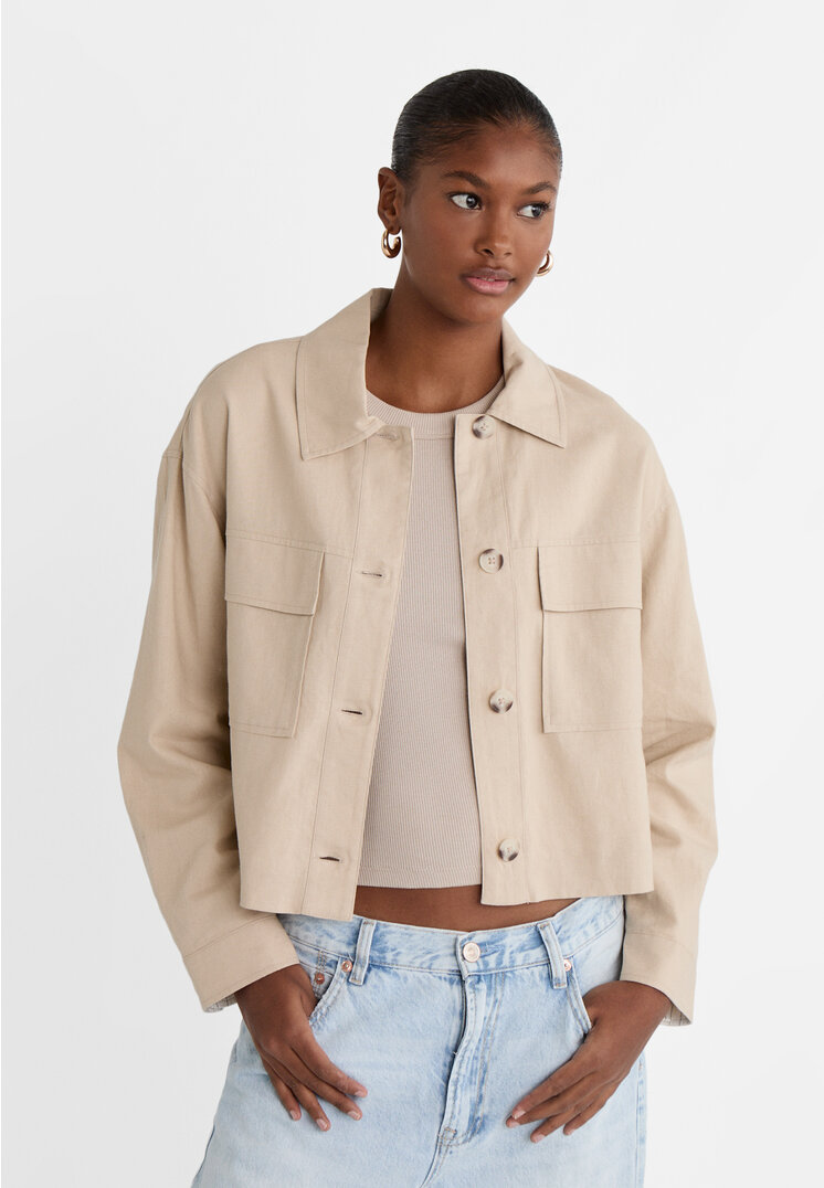 

Stradivarius Jacke kurz Leinenanteil gestreiftes Futter Beige XS