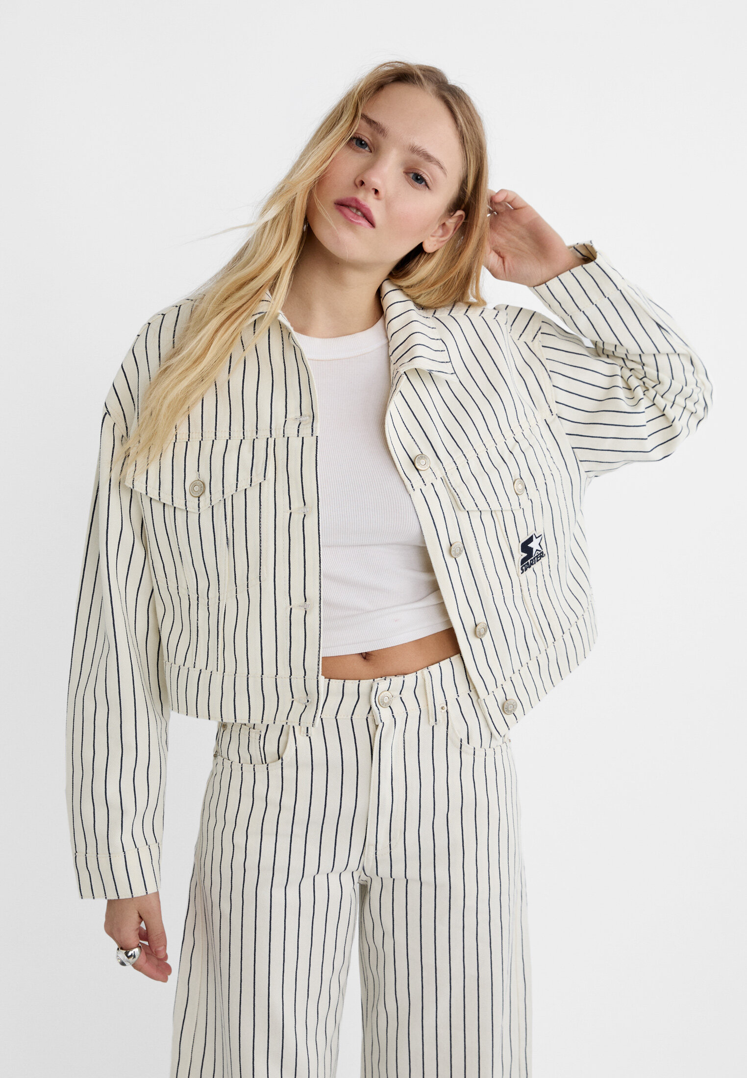 Striped denim hotsell jacket womens