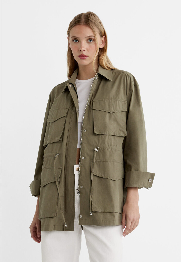 Stradivarius Parka z popeliny z wieloma kieszeniami Khaki XS