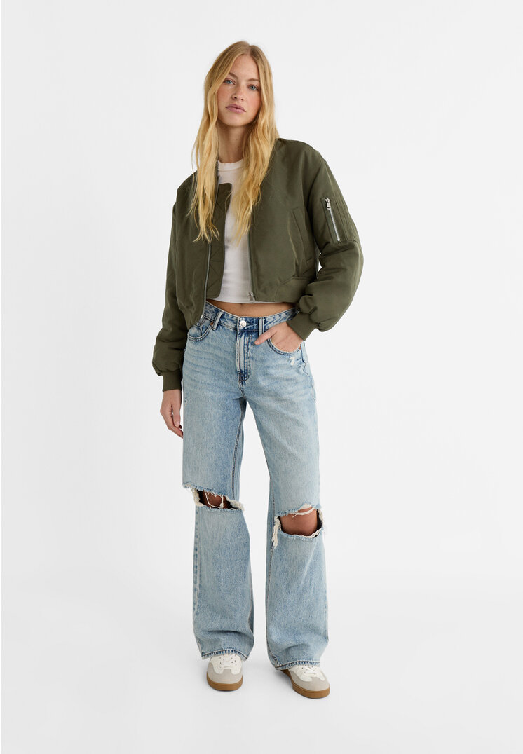 Stradivarius Quilted bomber jacket  Khaki S