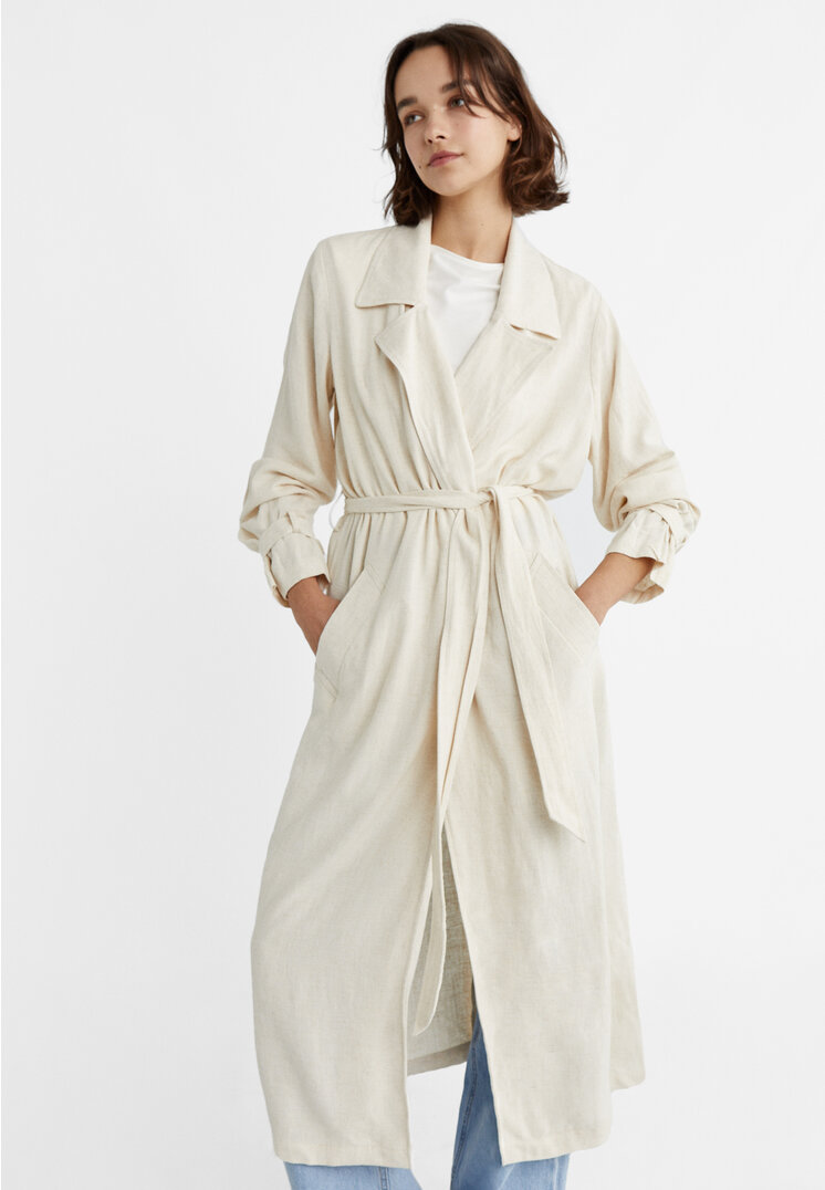 Stradivarius Long linen blend trench coat  Stone M