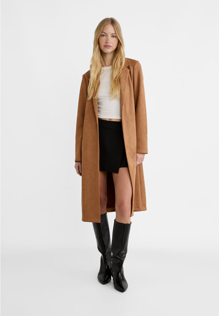 Stradivarius Long faux suede coat  Pale camel L