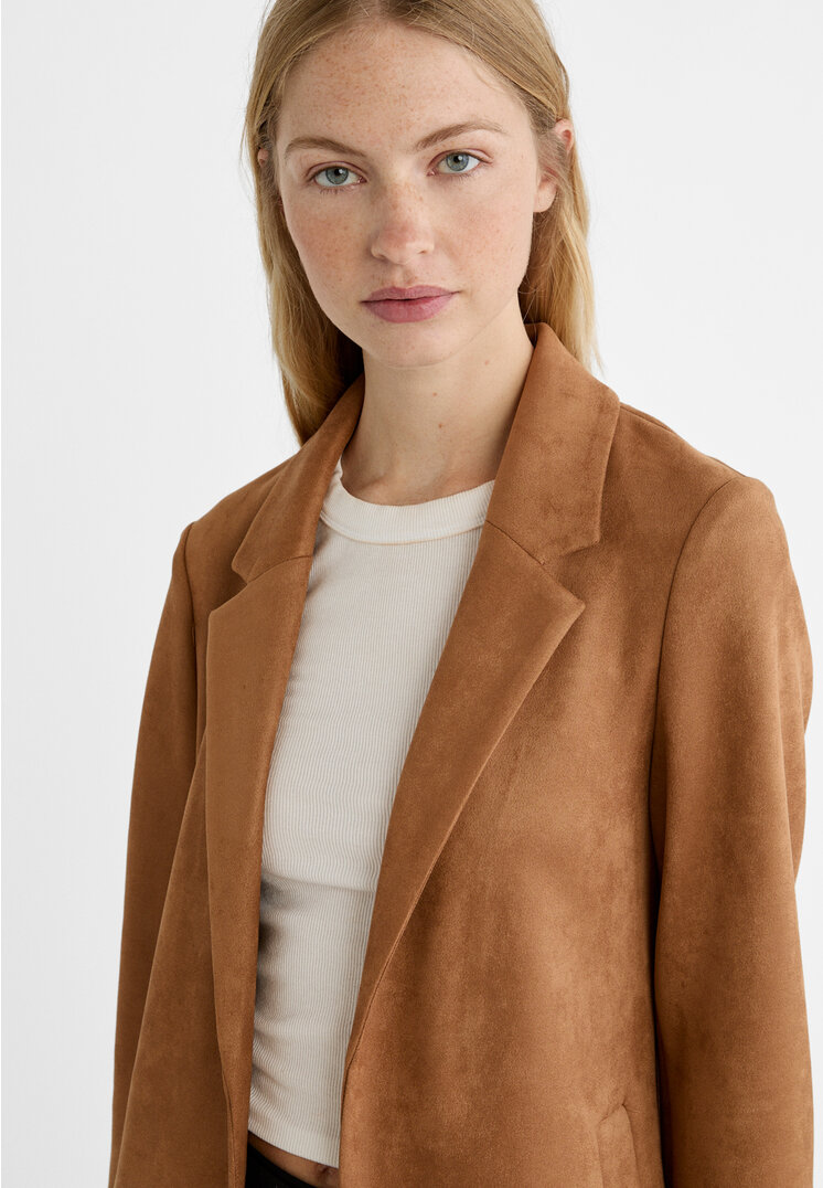 Stradivarius Long faux suede coat  Pale camel L