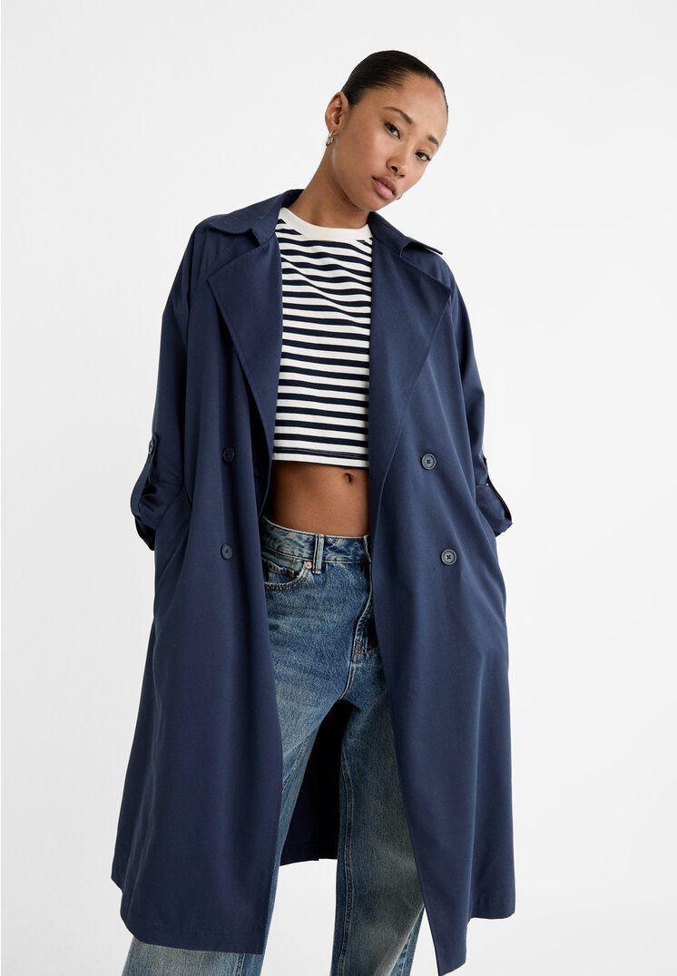 Stradivarius Langer, fließender Trenchcoat Marineblau L