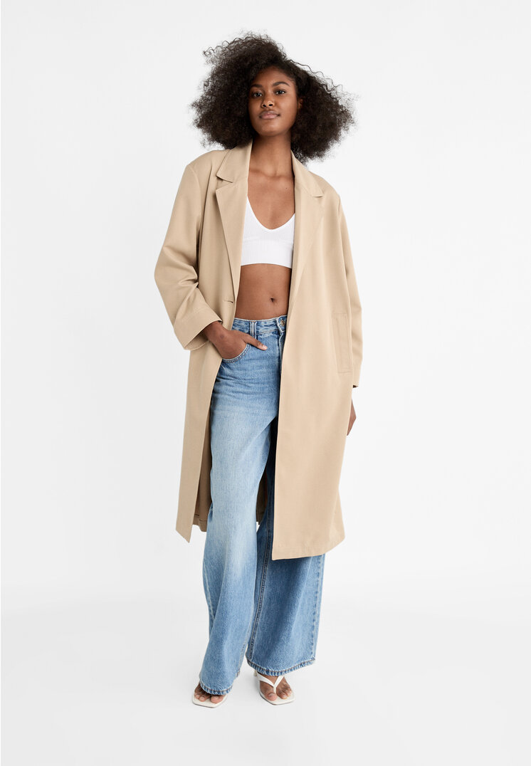 Stradivarius Trenchcoat fließend lang Steingrau XL