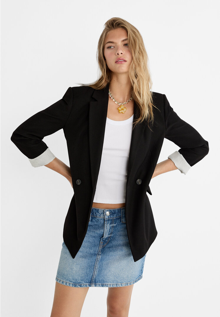 

Stradivarius Dwurzędowa marynarka slim Czarny XS