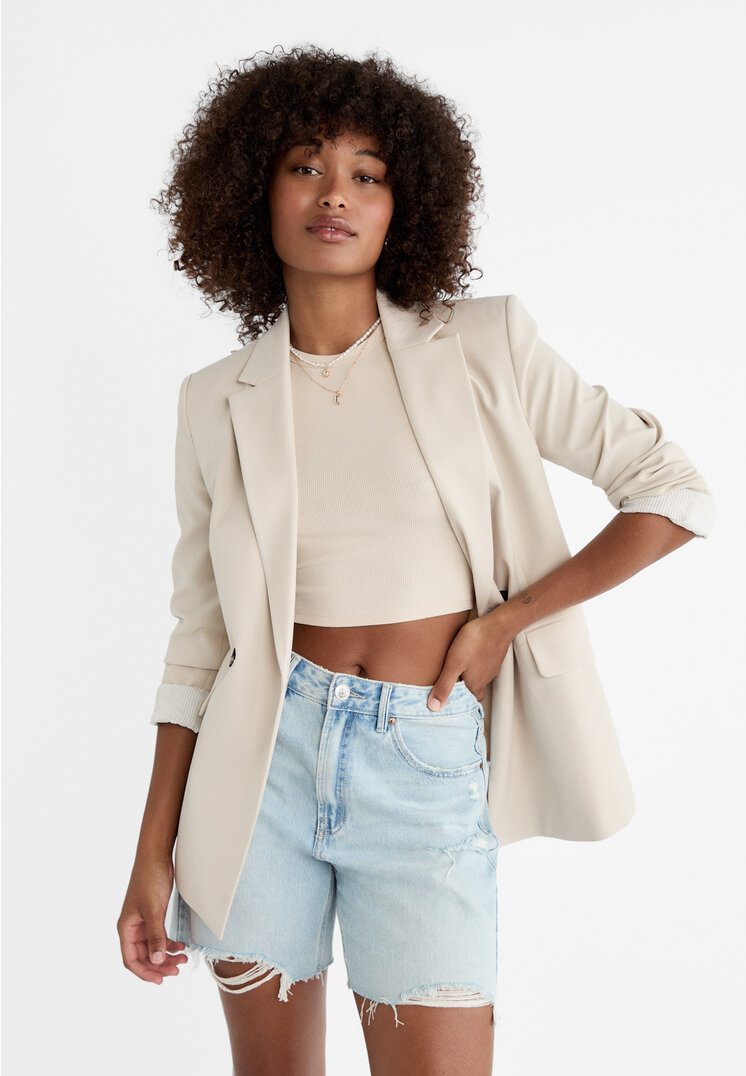 

Stradivarius Blazer Slim-Fit zweireihig Ecru S