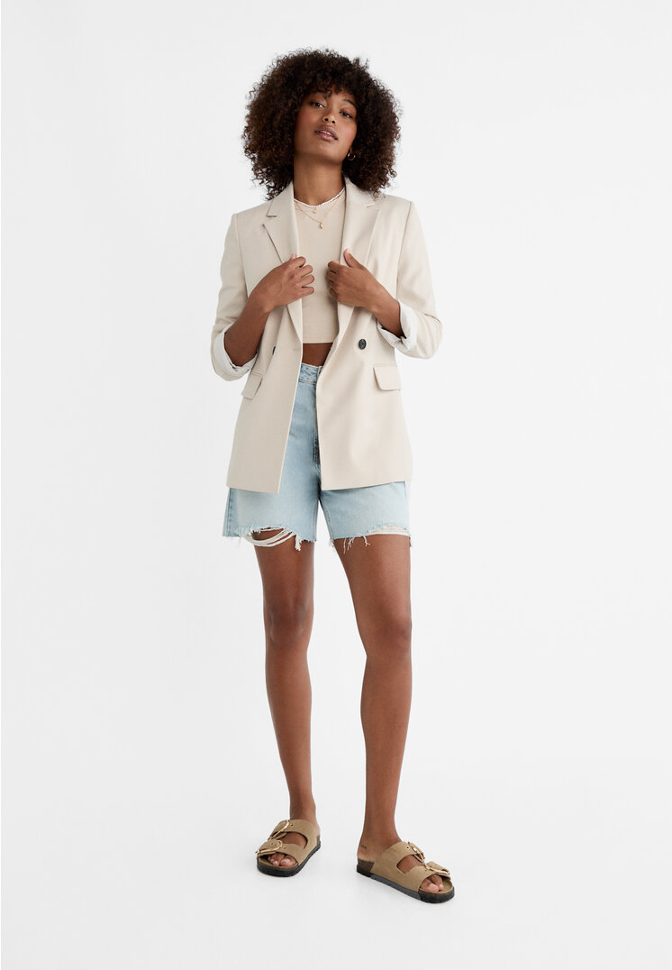 Stradivarius Slim fit double-breasted blazer  Ecru M