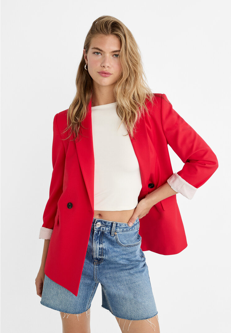 Stradivarius Blazer Slim-Fit zweireihig Rot XL